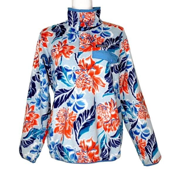 Patagonia Sweaters - Patagonia Manoa Dusk Blue Floral Print Synchilla Snap-T Fleece Pullover Sweater